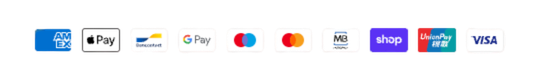 Accepted payment methods: Amex, Apple Pay, Bancontact, Google Pay, Maestro, Mastercard, MB Way, Shop Pay, UnionPay, Visa